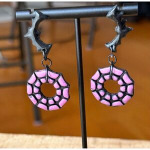 Purple Spiderweb Black Bats Polymer Clay Handmade Earrings Spooky Season